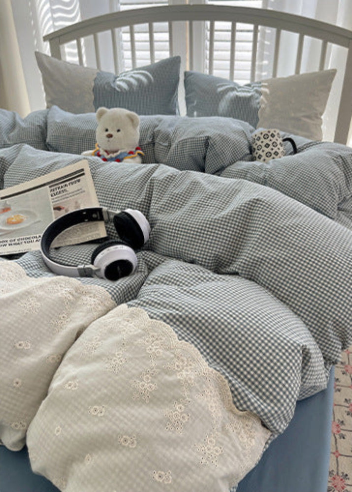 Sophia Gingham Lace Washed Cotton Bedding Set - Gray