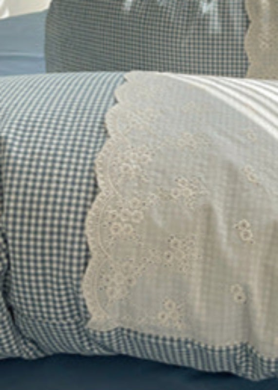 Sophia Gingham Lace Washed Cotton Bedding Set - Gray