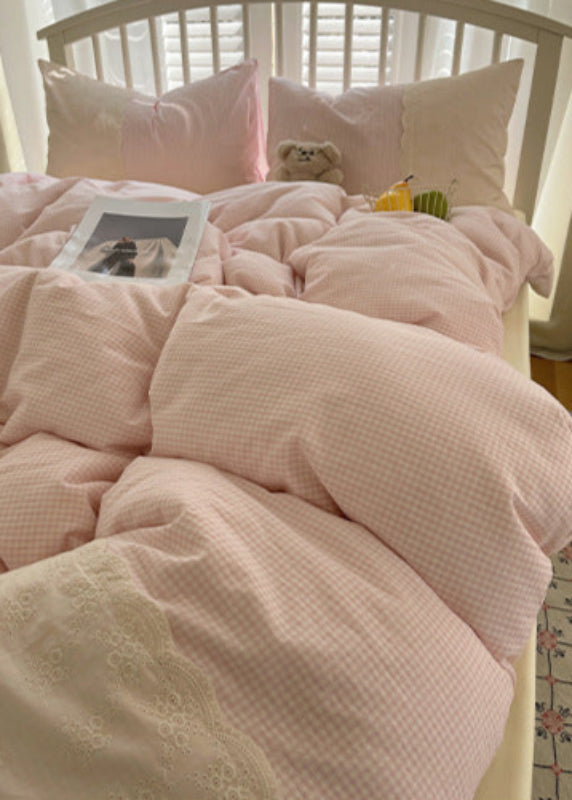 Sophia Gingham Lace Washed Cotton Bedding Set - Gray