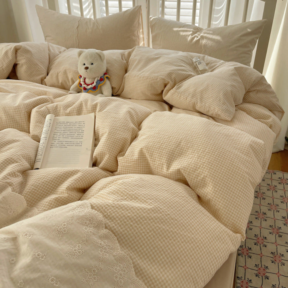 Sophia Gingham Lace Washed Cotton Bedding Set - Gray