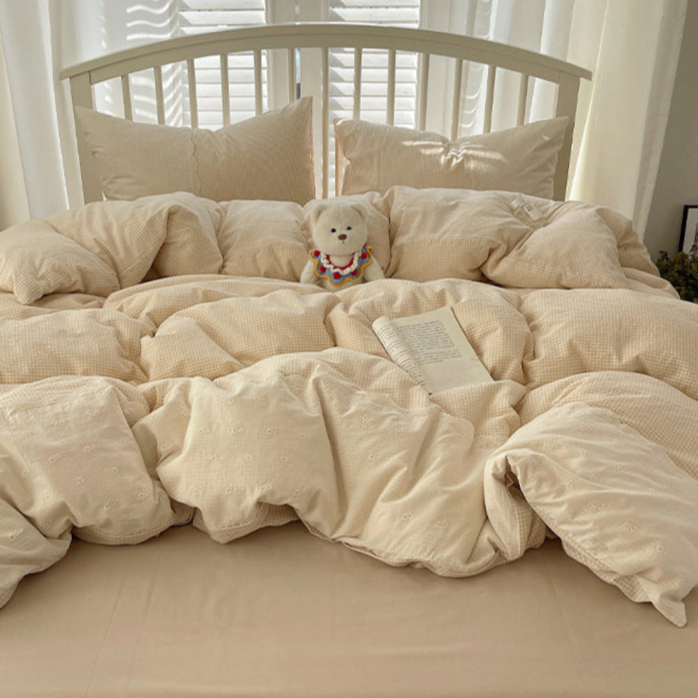 Sophia Gingham Lace Washed Cotton Bedding Set - Gray
