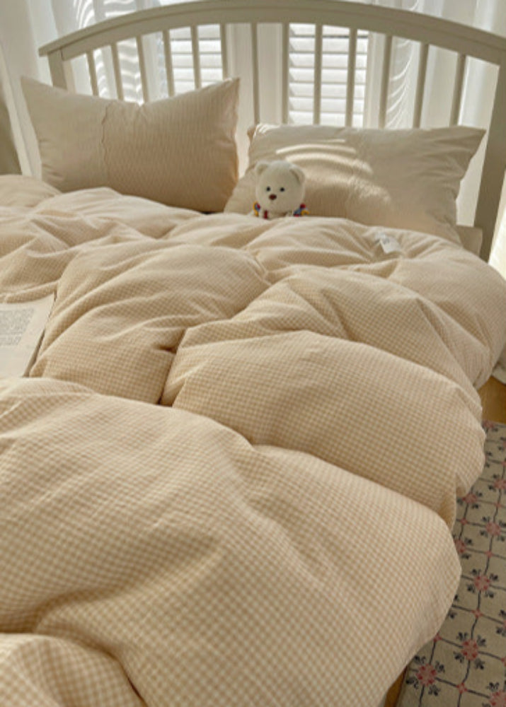 Sophia Gingham Lace Washed Cotton Bedding Set - Gray