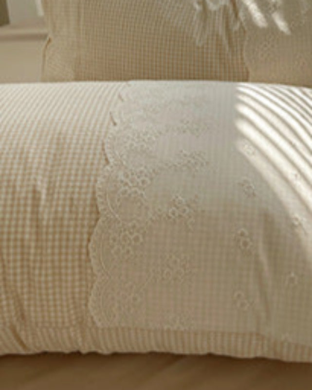 Sophia Gingham Lace Washed Cotton Bedding Set - Gray