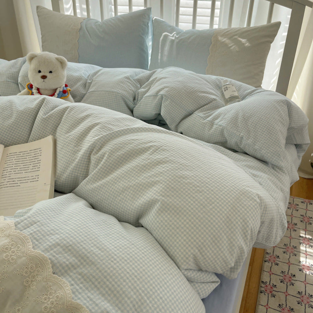 Sophia Gingham Lace Washed Cotton Bedding Set - Gray