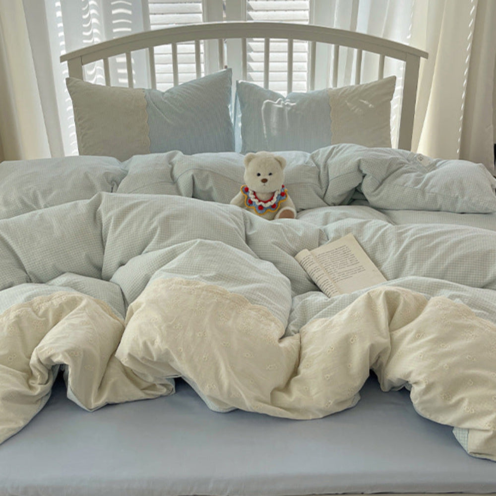 Sophia Gingham Lace Washed Cotton Bedding Set - Gray