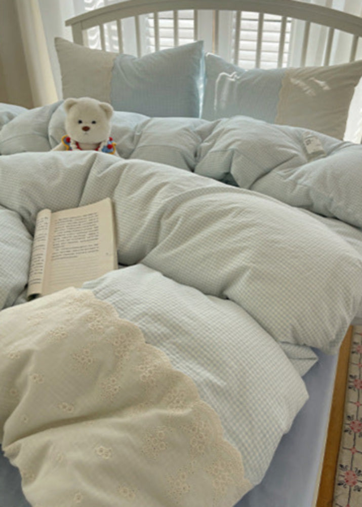 Sophia Gingham Lace Washed Cotton Bedding Set - Gray