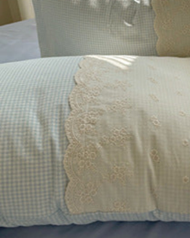 Sophia Gingham Lace Washed Cotton Bedding Set - Gray