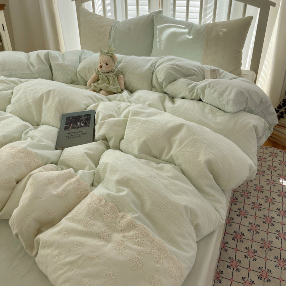 Sophia Gingham Lace Washed Cotton Bedding Set - Gray