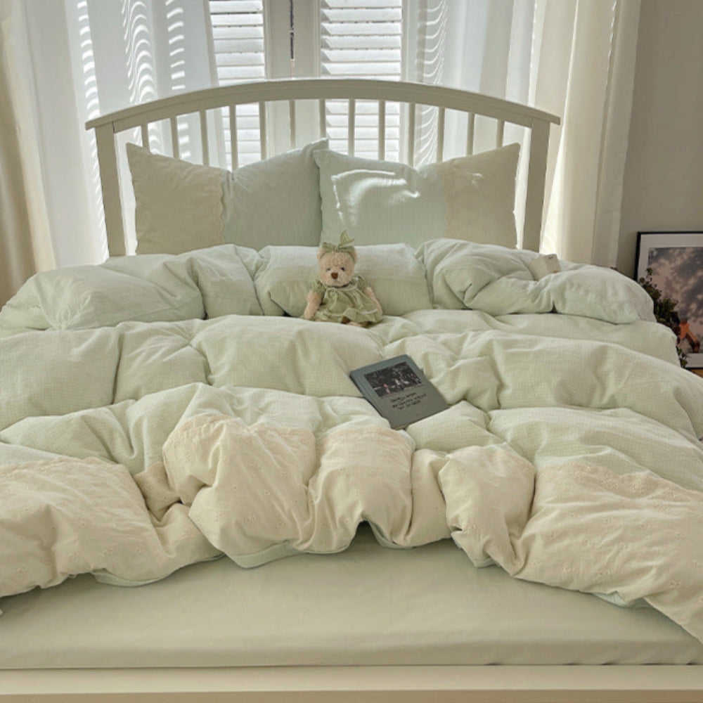 Sophia Gingham Lace Washed Cotton Bedding Set - Gray