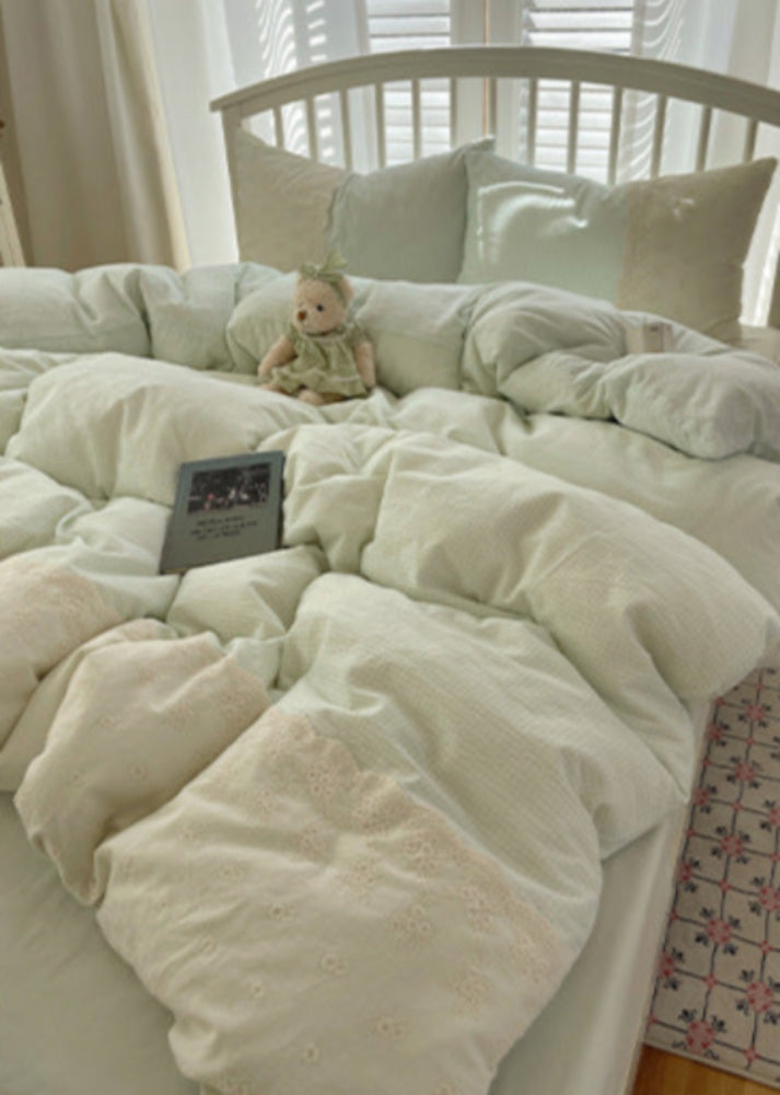 Sophia Gingham Lace Washed Cotton Bedding Set - Gray