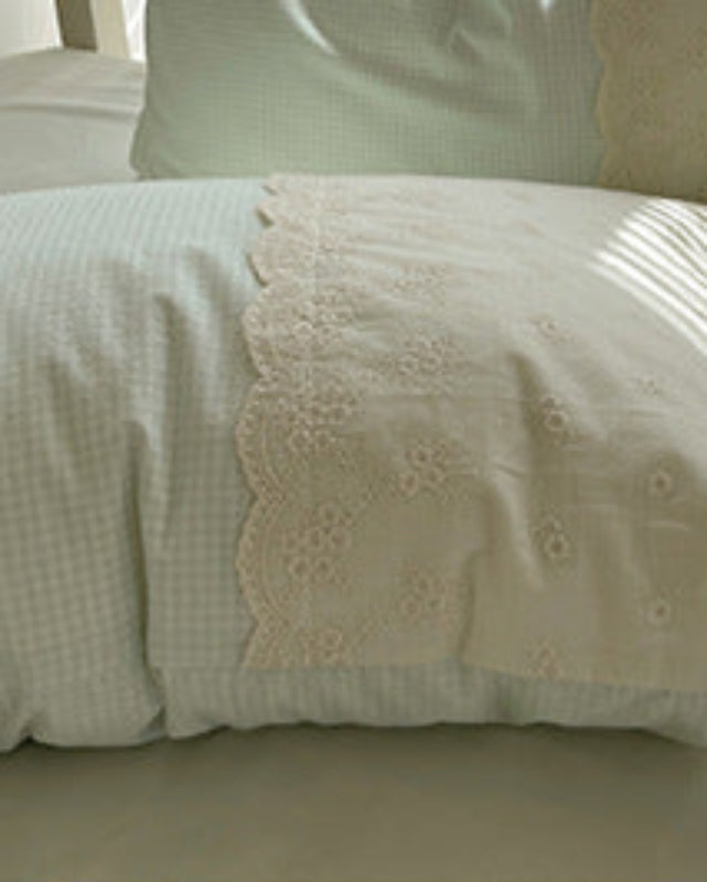 Sophia Gingham Lace Washed Cotton Bedding Set - Gray