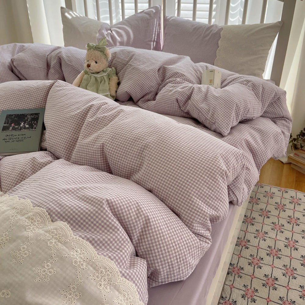 Sophia Gingham Lace Washed Cotton Bedding Set - Gray