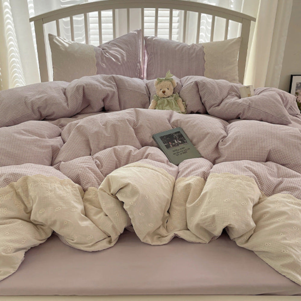 Sophia Gingham Lace Washed Cotton Bedding Set - Gray