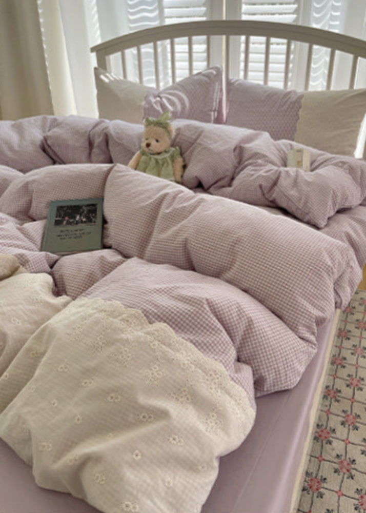 Sophia Gingham Lace Washed Cotton Bedding Set - Gray