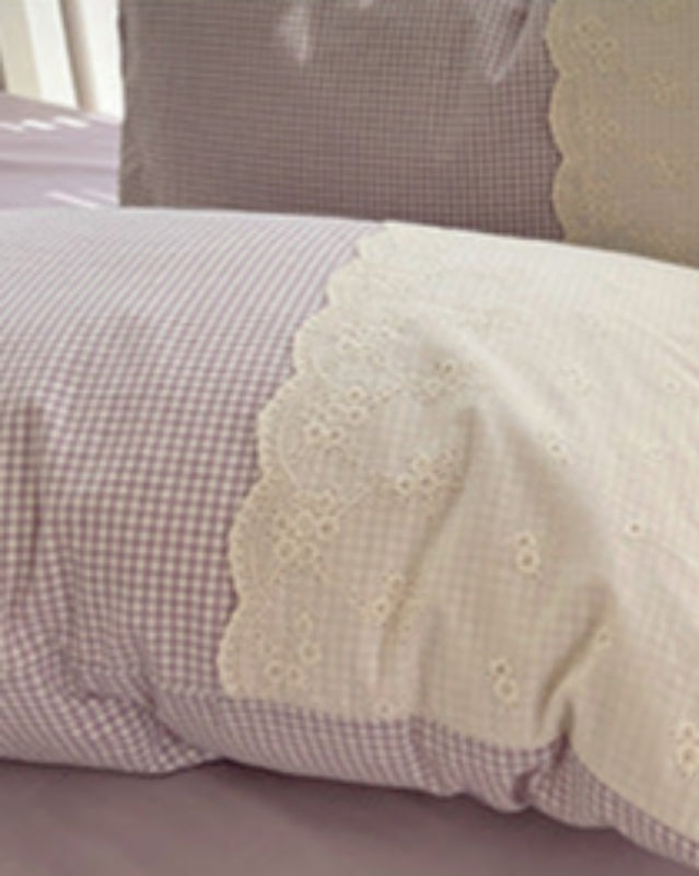 Sophia Gingham Lace Washed Cotton Bedding Set - Gray
