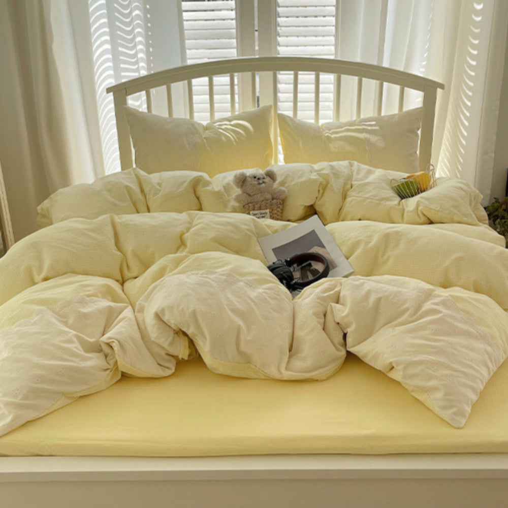 Sophia Gingham Lace Washed Cotton Bedding Set - Gray
