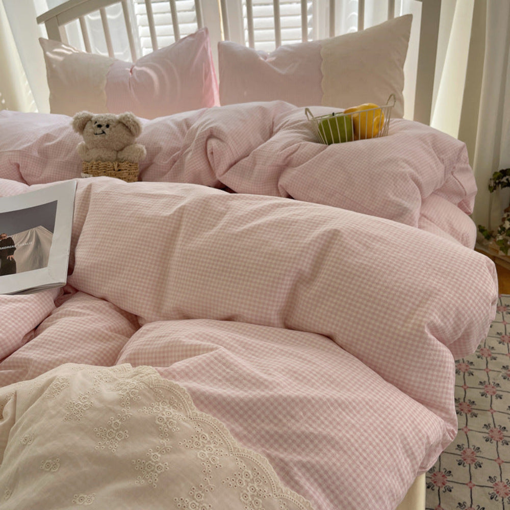 Sophia Gingham Lace Washed Cotton Bedding Set - Gray