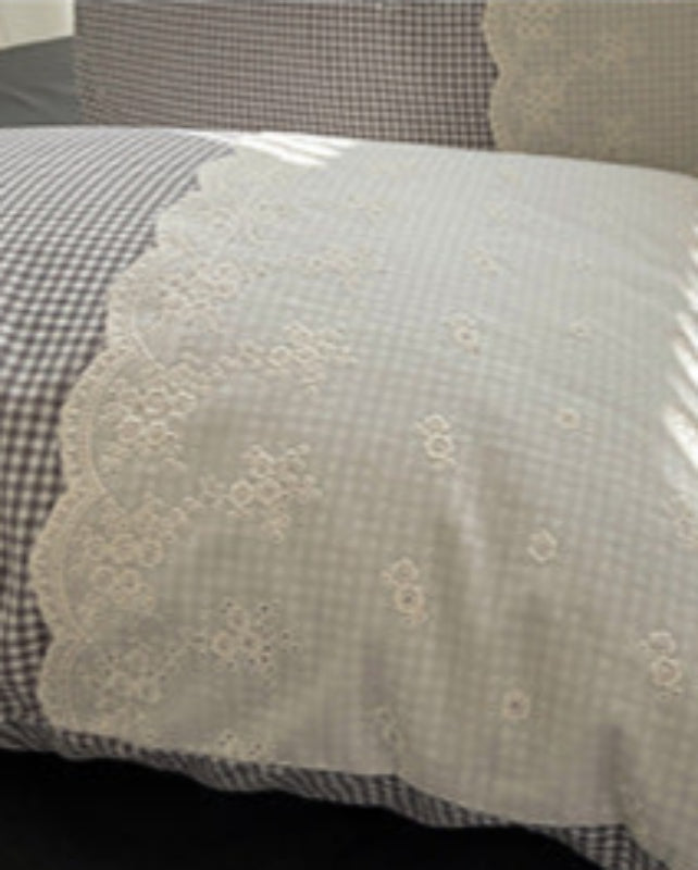 Sophia Gingham Lace Washed Cotton Bedding Set - Gray