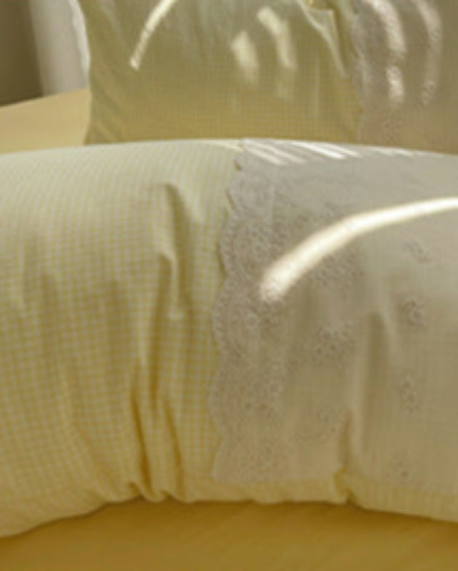 Sophia Gingham Lace Washed Cotton Bedding Set - Gray