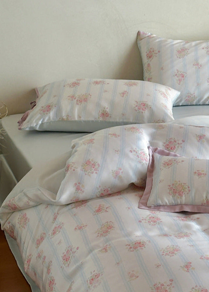 Bianca Floral Ribbon Tied TENCEL Bedding Set - Ivory Blue