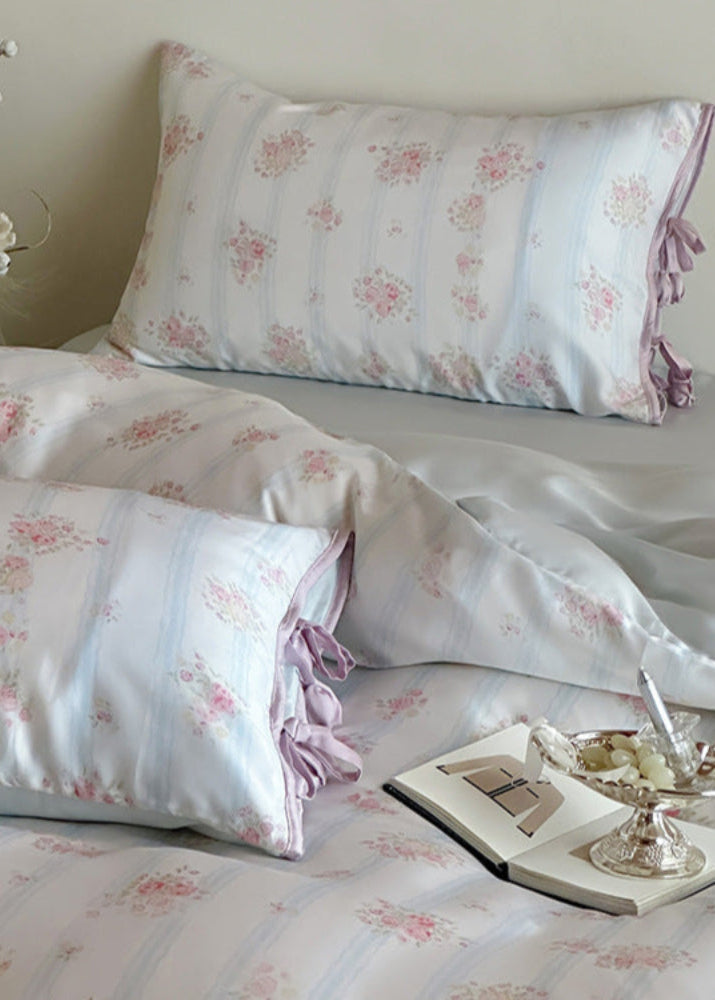 Bianca Floral Ribbon Tied TENCEL Bedding Set - Ivory Blue