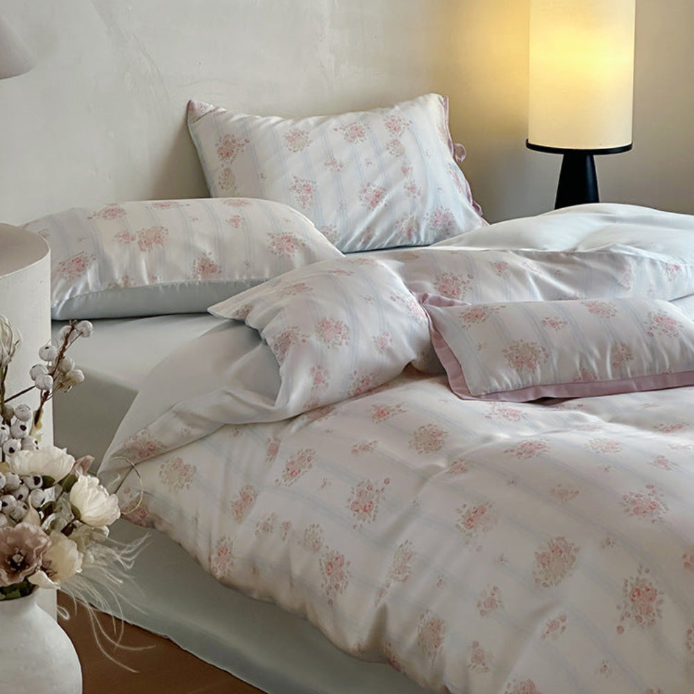 Bianca Floral Ribbon Tied TENCEL Bedding Set - Ivory Blue