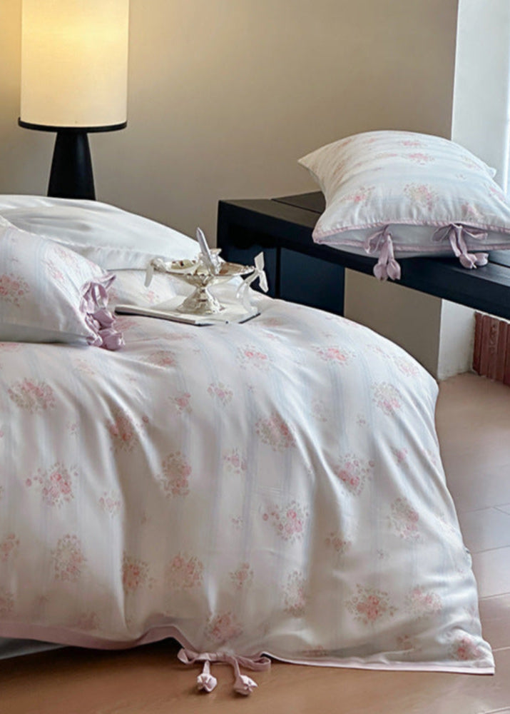 Bianca Floral Ribbon Tied TENCEL Bedding Set - Ivory Blue