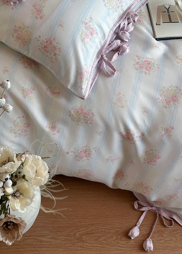 Bianca Floral Ribbon Tied TENCEL Bedding Set - Ivory Blue