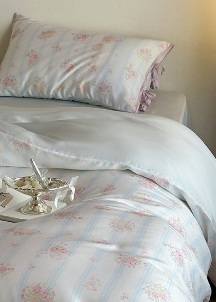 Bianca Floral Ribbon Tied TENCEL Bedding Set - Ivory Blue