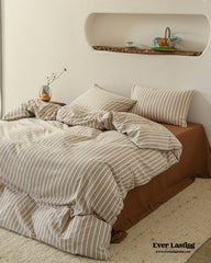 Ava Vintage Striped Cotton Bedding Set - Beige Striped