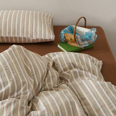 Ava Vintage Striped Cotton Bedding Set - Beige Striped