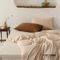 Ava Vintage Striped Cotton Bedding Set - Beige Solid