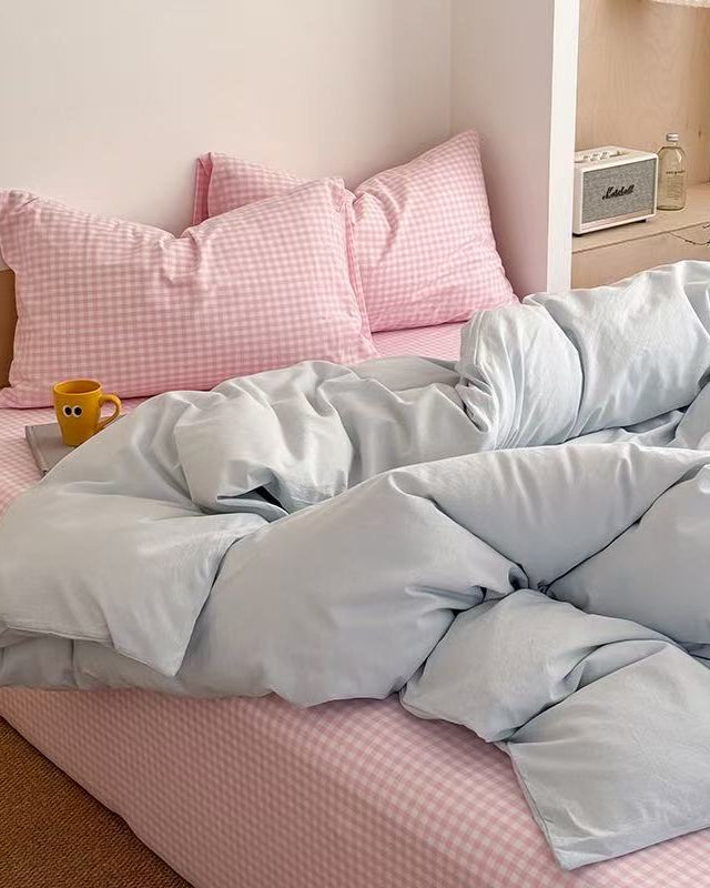 Chloe Pastel Candy Cotton Bedding Set - Pink Plaid