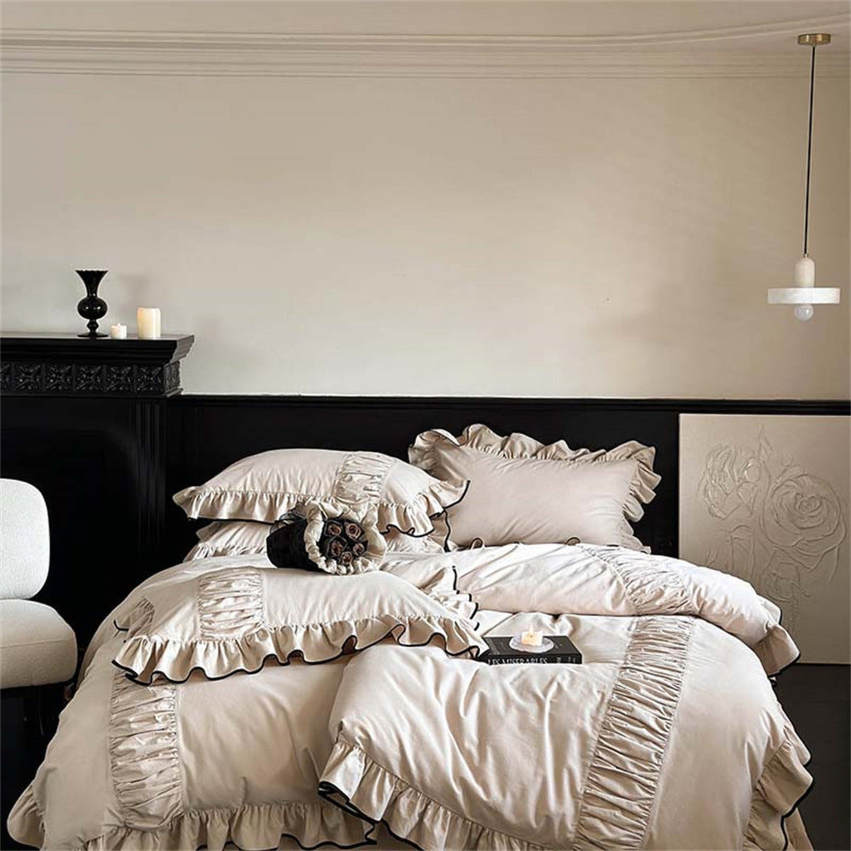 Beige Black Trim Ruffle Bedding Set