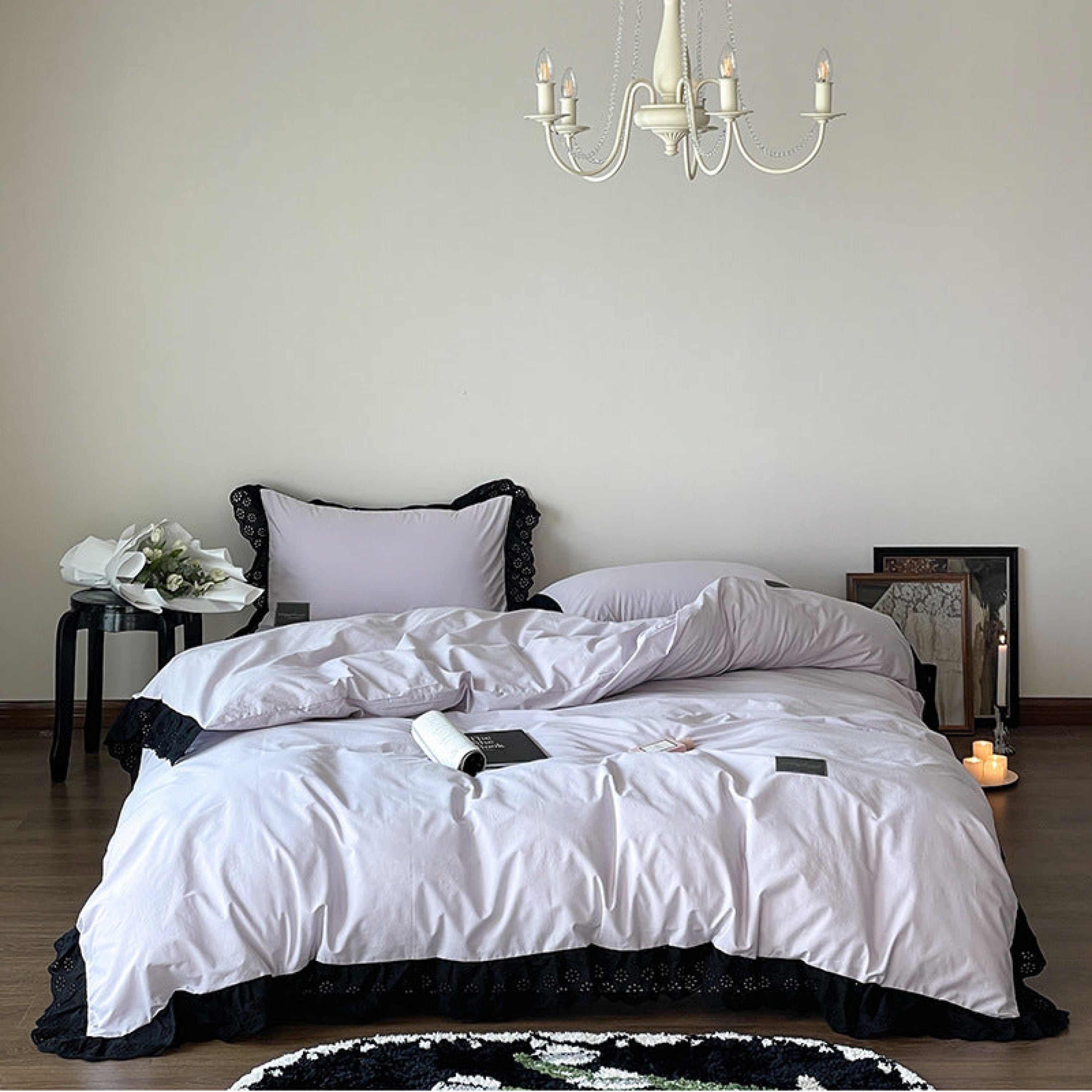 Black Lace Ruffle Bedding Set - Purple