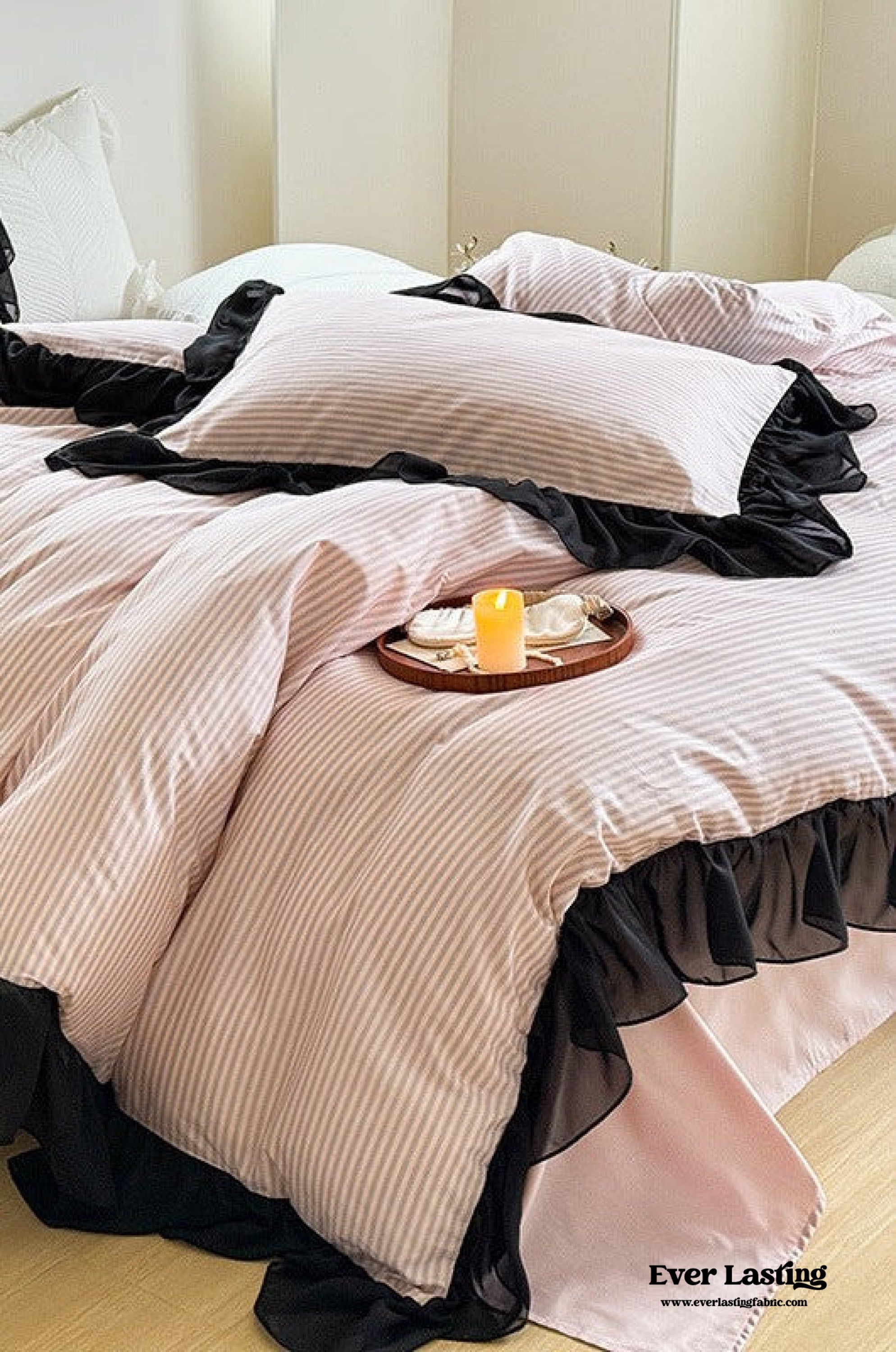 Black Lace Stripe Pastel Bedding Set - Green