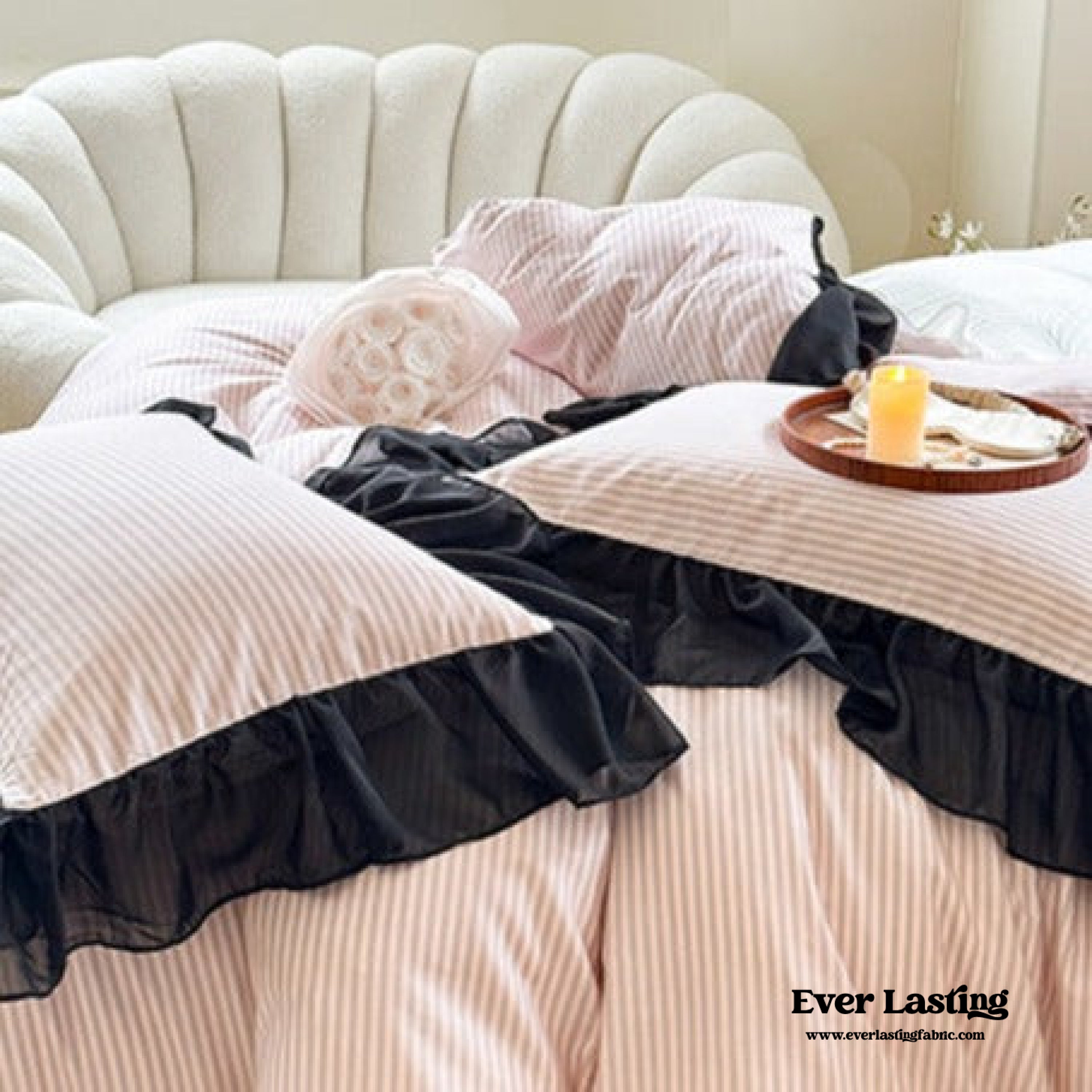 Black Lace Stripe Pastel Bedding Set - Green