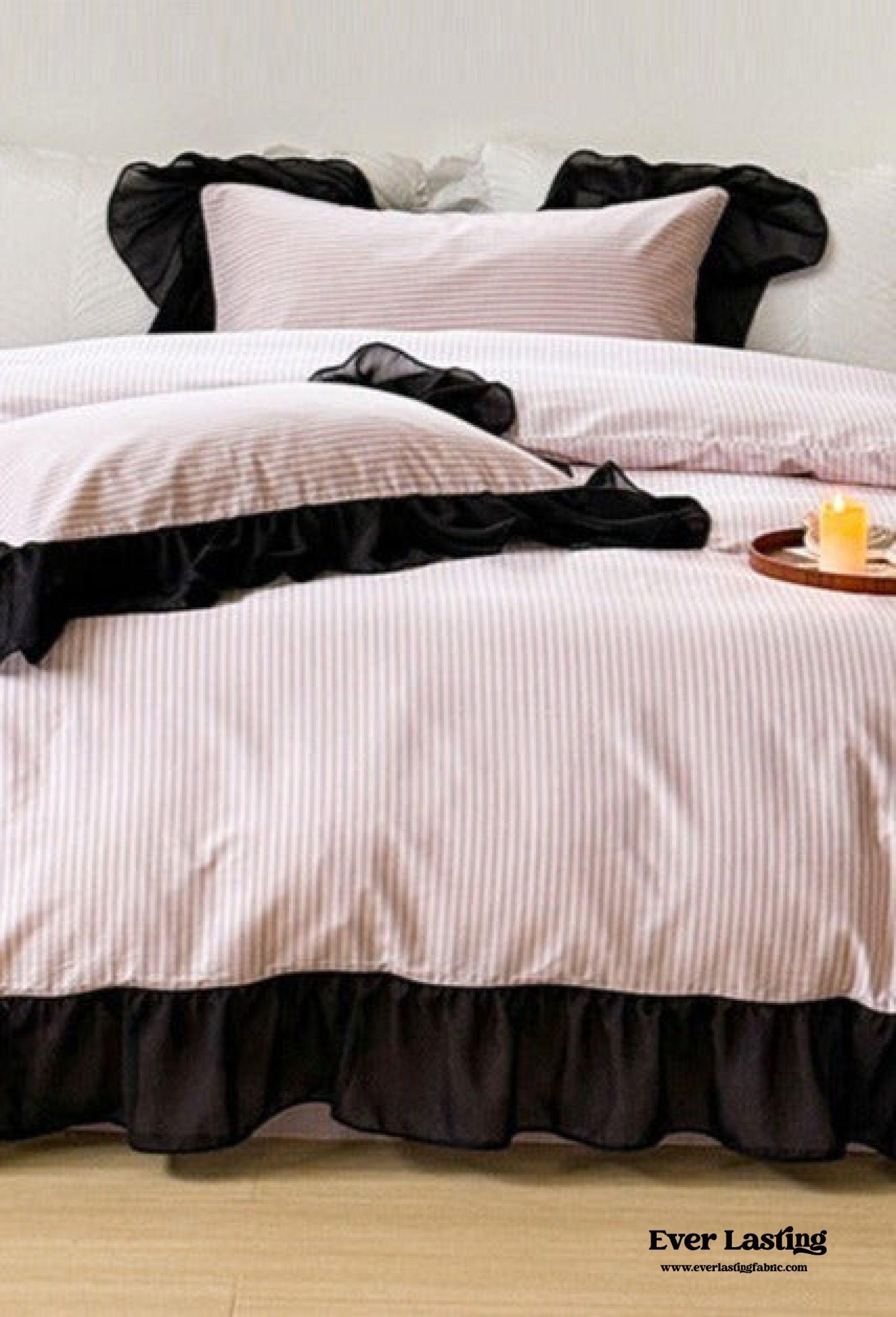 Black Lace Stripe Pastel Bedding Set - Pink