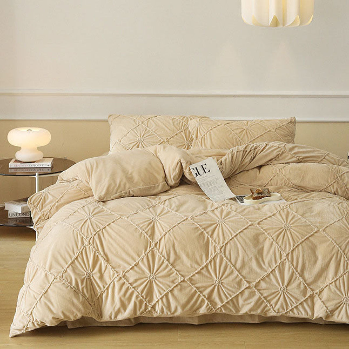 Boho Braided Velvet Bedding Set - Beige