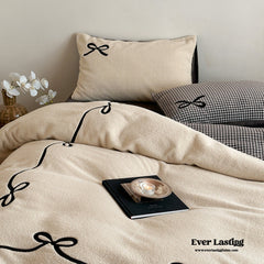 Bowknot Embroidered Plaid Velvet Bedding Set - Beige