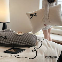 Bowknot Embroidered Plaid Velvet Bedding Set - Cream