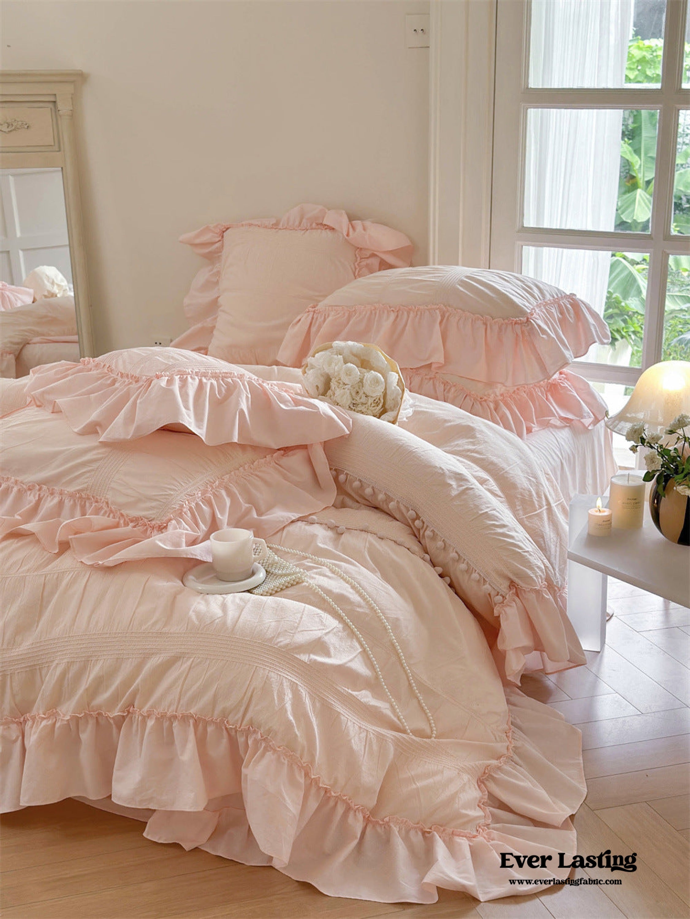 Bubble Washed Cotton Ruffle Bedding Set - Pink