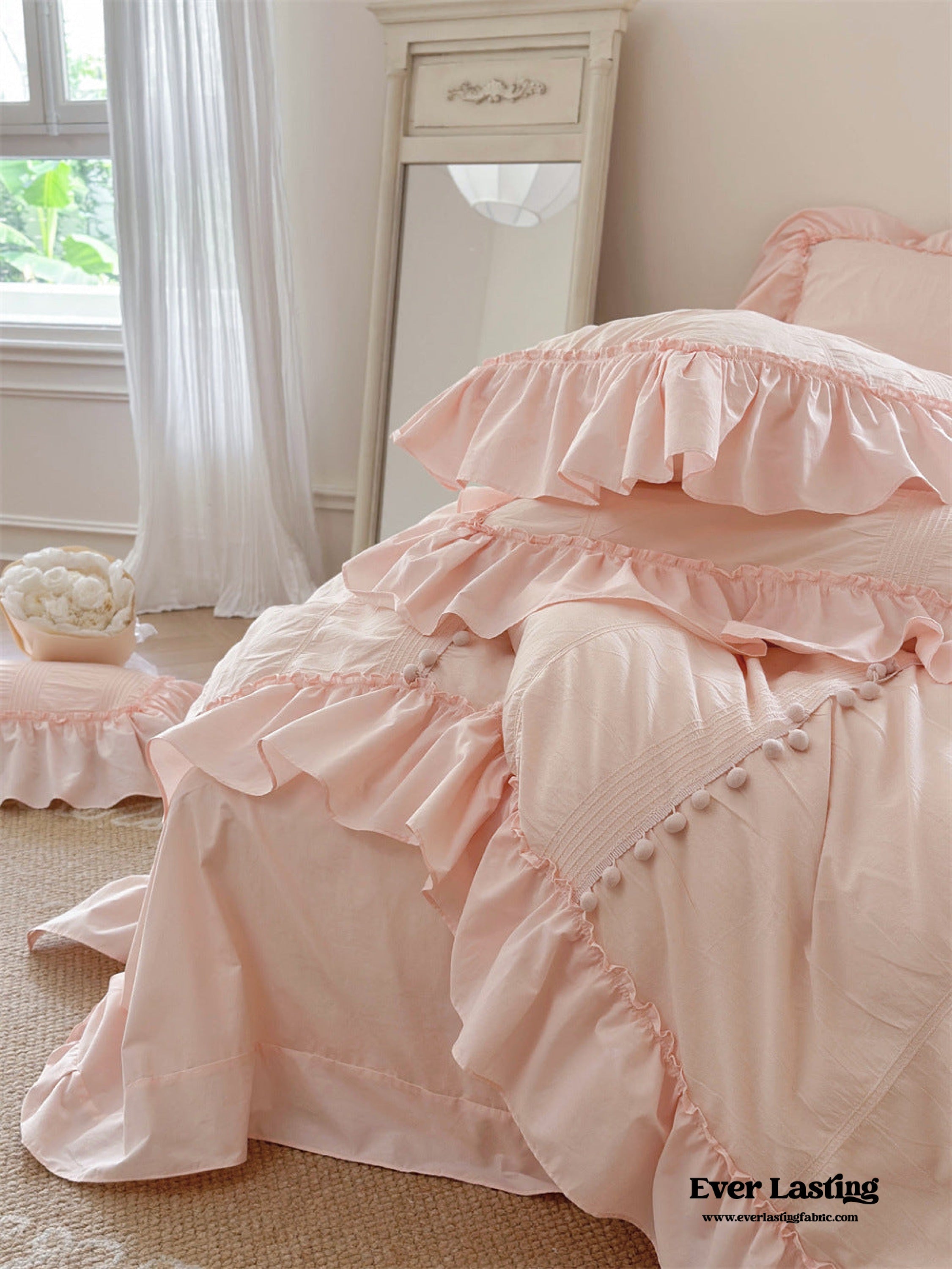 Bubble Washed Cotton Ruffle Bedding Set - Pink