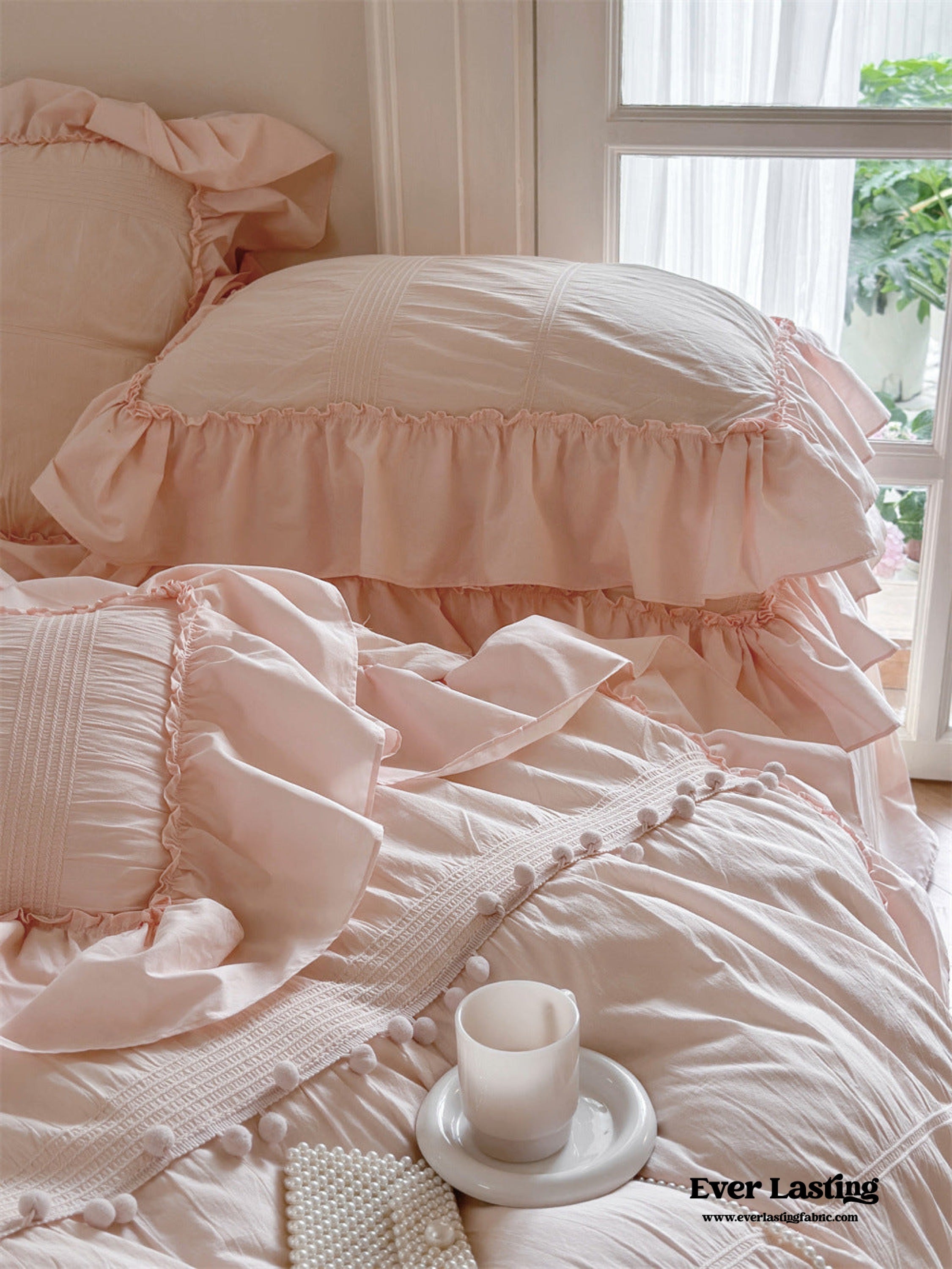 Bubble Washed Cotton Ruffle Bedding Set - Pink