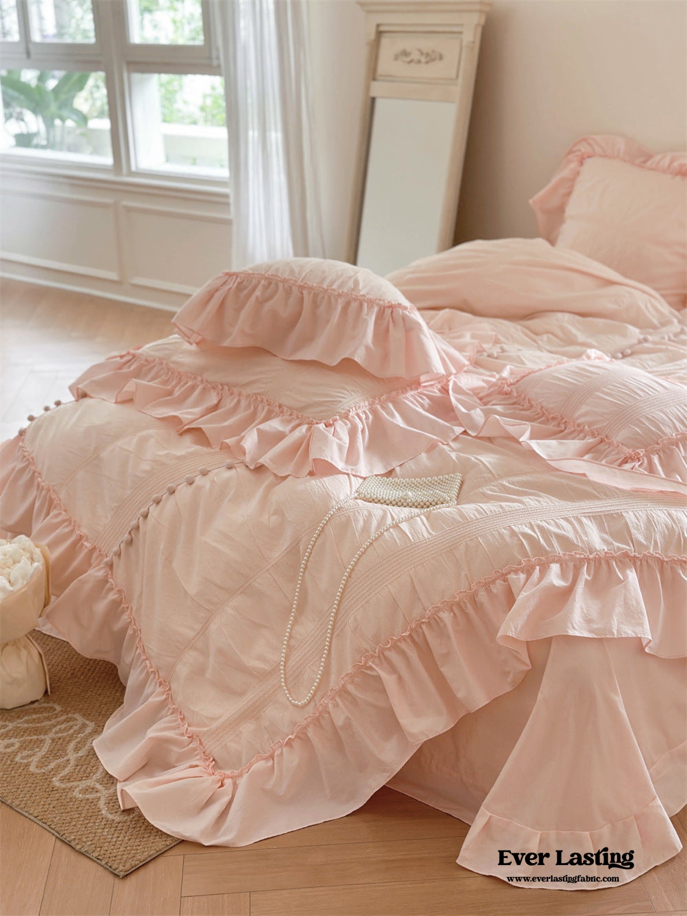 Bubble Washed Cotton Ruffle Bedding Set - Pink