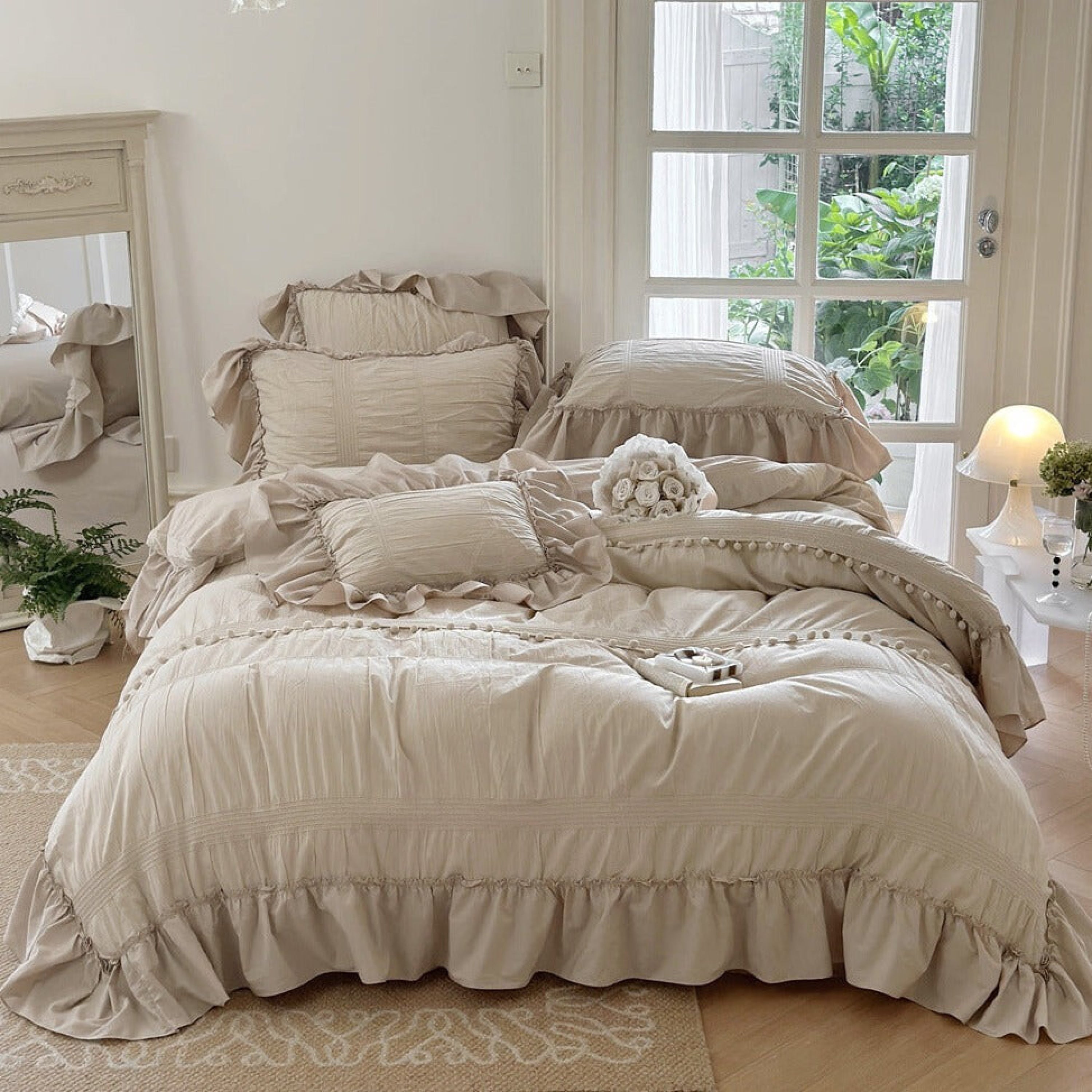 Bubble Washed Cotton Ruffle Bedding Set - Pink