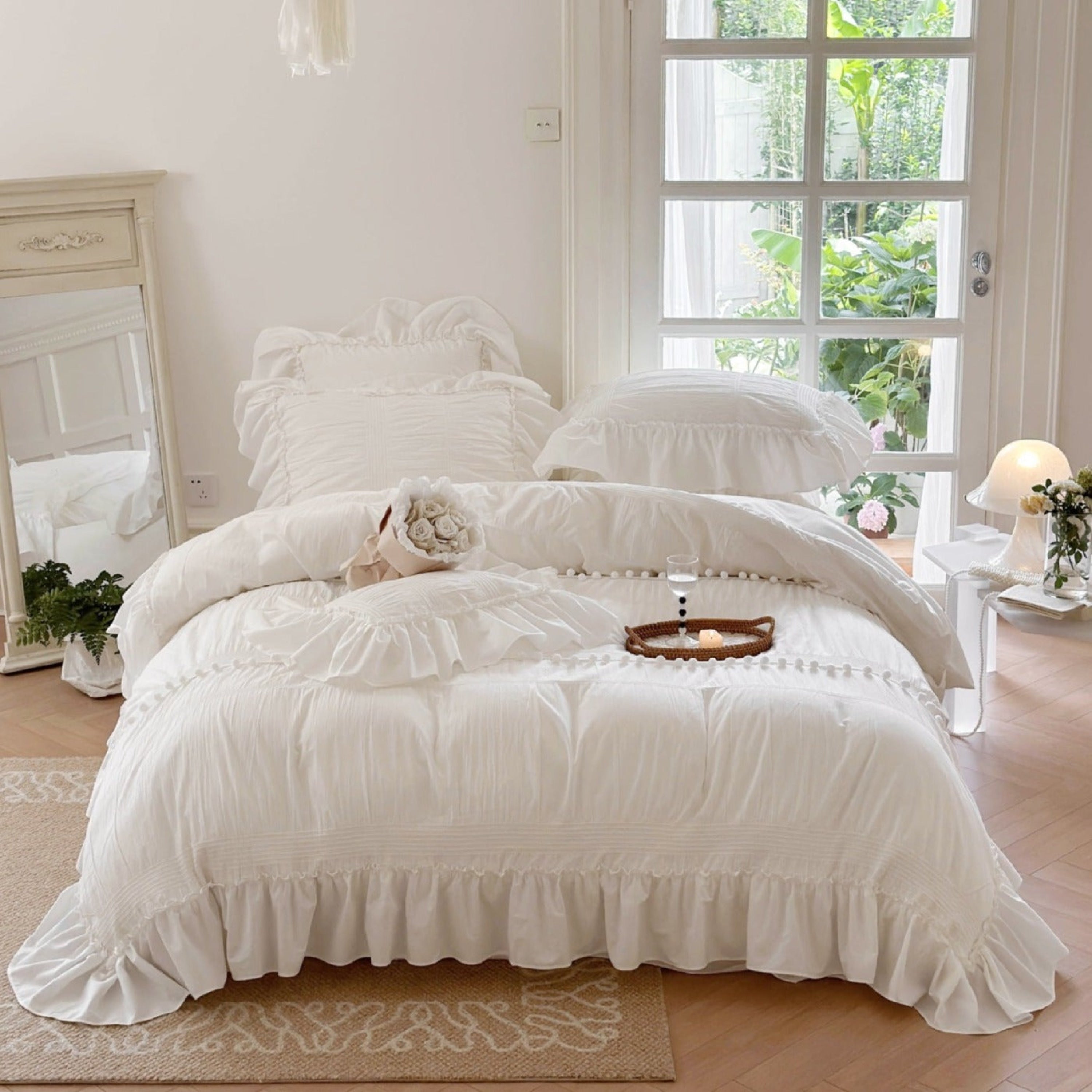 Bubble Washed Cotton Ruffle Bedding Set - Pink