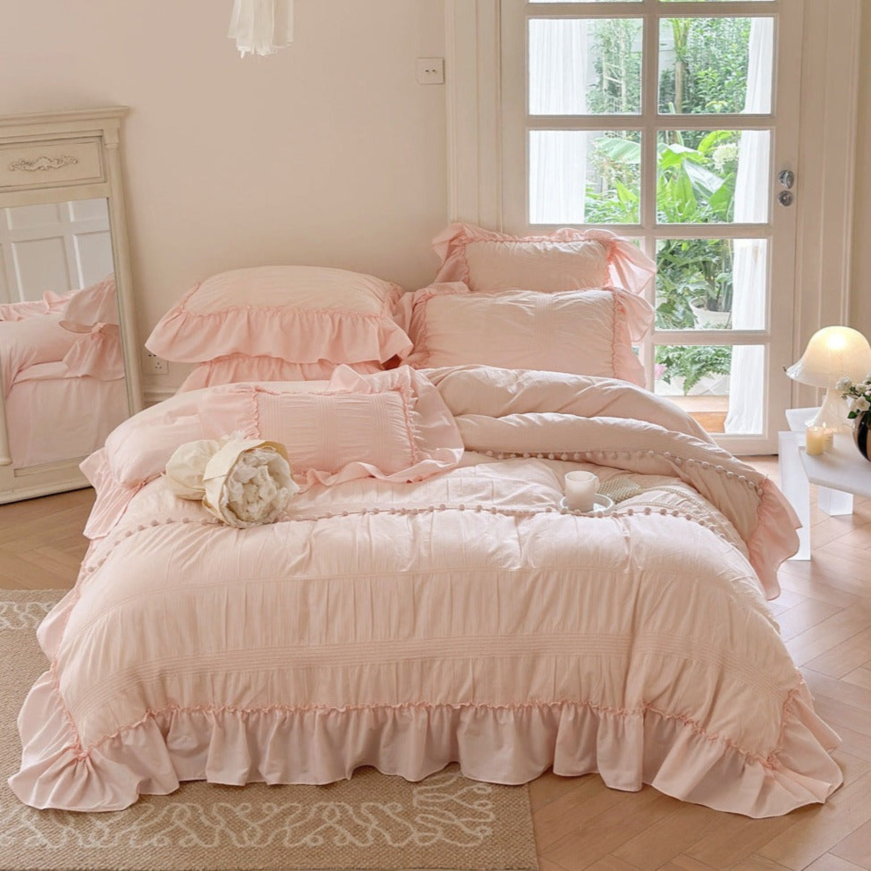 Bubble Washed Cotton Ruffle Bedding Set - White