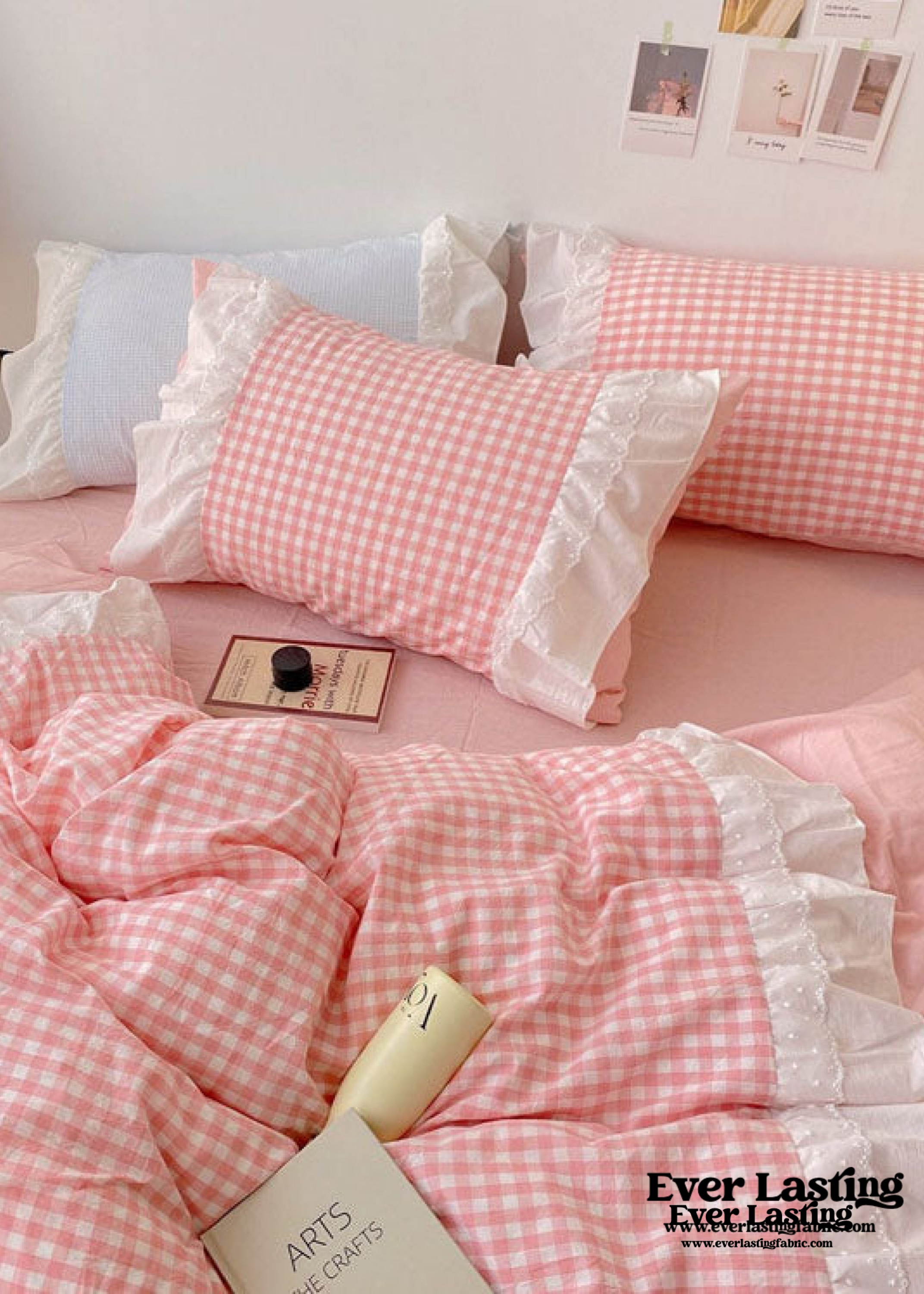Candy Lace Gingham Ruffle Bedding Set - Pink