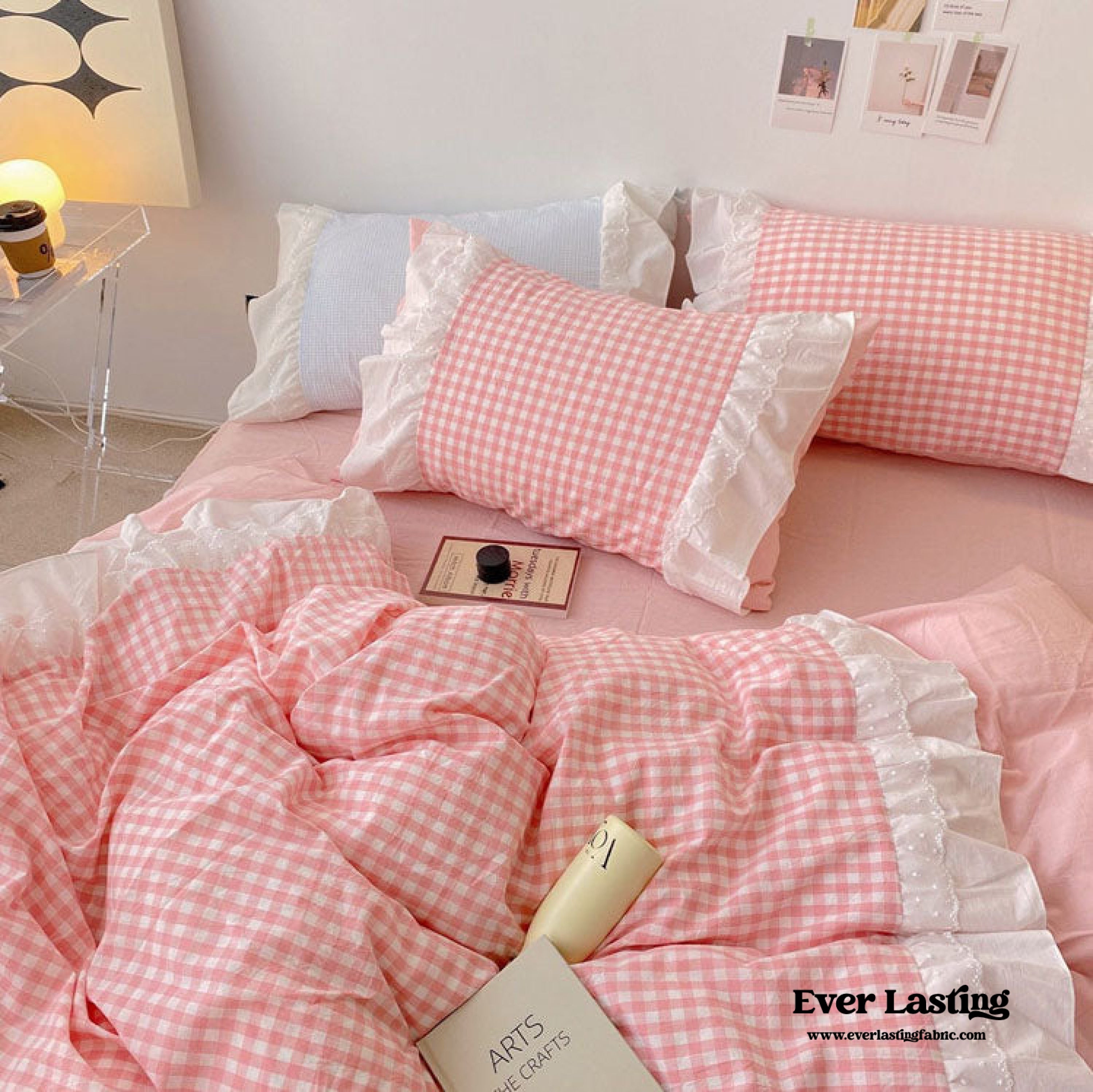Candy Lace Gingham Ruffle Bedding Set - Pink